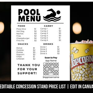 May include: A black and white pool menu with food, snacks, candy, and drinks listed. A popcorn container with the word "Popcorn" is on the right. The text "Thank you for your support!" is at the bottom.
