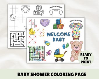 Könnte beinhalten: Eine Babyparty-Malvorlage mit dem Text WELCOME BABY, einem Teddybären, einem Kinderwagen, einem Strampler, einem Schnuller, Babyfußabdrücken, einer Babyflasche, Bauklötzen, einer Windel, einer Quietscheente, Tic-Tac-Toe und einem Labyrinth.