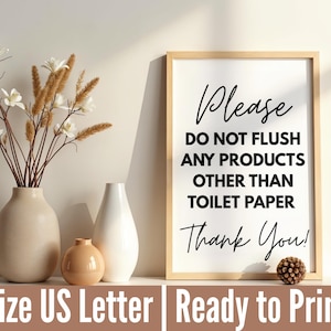 May include: A framed sign with the text "Please DO NOT FLUSH ANY PRODUCTS OTHER THAN TOILET PAPER Thank You!" is displayed. The sign is in a light wood frame. Decorative vases and flowers are on the left.