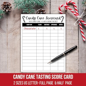 Könnte beinhalten: Ein weißes Candy Cane Scorecard mit einem schwarzen Stift, Zuckerstangen und Tannenzweigen auf einem Holzgrund. Die Scorecard bewertet Zuckerstangen nach Geschmack, Süße, Aussehen und Gesamtbewertung. Der Text "Candy Cane Tasting Score Card" steht unten.