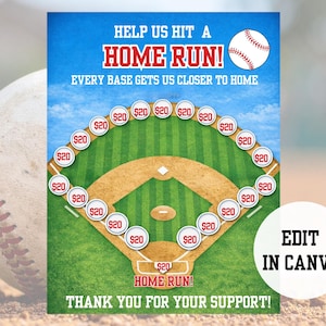 May include: A baseball-themed fundraising poster with a baseball field graphic. The poster has text that reads "Help Us Hit a Home Run!" and "Thank You For Your Support!" with circles labeled "$20" around the field. A baseball is in the background.