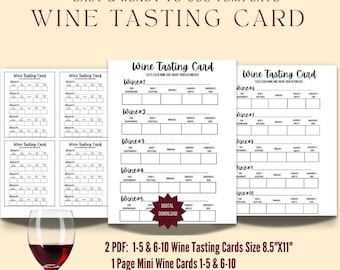 Peut inclure: Deux fichiers PDF imprimables de cartes de dégustation de vin. La première page contient cinq cartes de dégustation de vin et la deuxième page en contient dix. Chaque carte comporte une section pour le numéro du vin, l'apparence, l'arôme, le goût, la finale et la note globale.