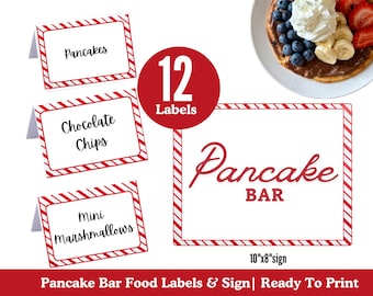 Pannenkoekenbord en voedseletiketten, pannenkoeken- en pyjamafeest, pannenkoekbeleg voedseltenten, kerstochtend pannenkoekenstationbrunch
