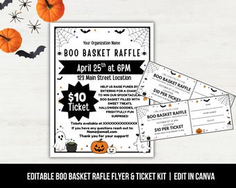 Editable Boo Basket Raffle Ticket Flyer Bundle Template, Halloween Raffle Fundraiser Ticket for School, Church, PTA, PTO Fundraiser