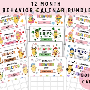 May include: A 12-month behavior calendar bundle featuring cartoon pencil characters with seasonal themes for each month. Each chart displays the text Emmalynn's Behavior Chart, the month name, and a grid for tracking. The bundle is editable in Canva.