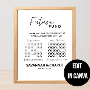 Puede incluir: Impresión enmarcada con las palabras "Future Fund" en una fuente elegante. La impresión incluye texto, códigos QR y los nombres "Savannah & Charlie" con una fecha. El marco es de color madera clara.