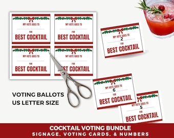Christmas cocktail Ballots, Christmas cocktail competition Voting Cards, Signage, numbers, cocktail party friendsmas, best cocktail contest