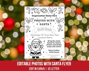 Może przedstawiać: Czarno-biała ulotka reklamująca "PHOTOS WITH SANTA", z ilustracją Świętego Mikołaja. Ulotka zawiera szczegóły wydarzenia, w tym datę, godzinę i cenę. Ulotka mówi również "EDITABLE PHOTOS WITH SANTA FLYER".