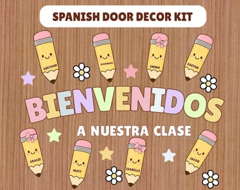 Exhibición editable para la puerta del aula en español para el regreso a clases, decoración bilingüe para el aula, temática de lápices, decoraciones para la puerta del maestro en agosto,