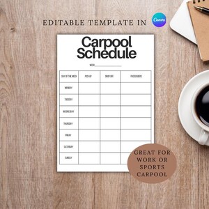 Puede incluir: Una plantilla de horario de viaje compartido imprimible con el texto "Carpool Schedule" en letras negras en negrita. La plantilla incluye columnas para el día de la semana, la recogida, la entrega y los pasajeros. El texto "Great for work or sports carpool" está en la parte inferior de la plantilla.