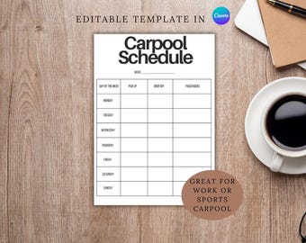 Editable Carpool Schedule for School, Customizable Carpool Schedule for Work, Pick up Schedule, Drop off Schedule, Coworker Carpooling