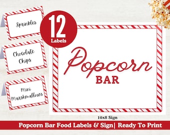 Bord kerstpopcornbar en labels popcornbar, popcornbarfeest voor vakantieklas, popcornstation voor kerstfilmavond