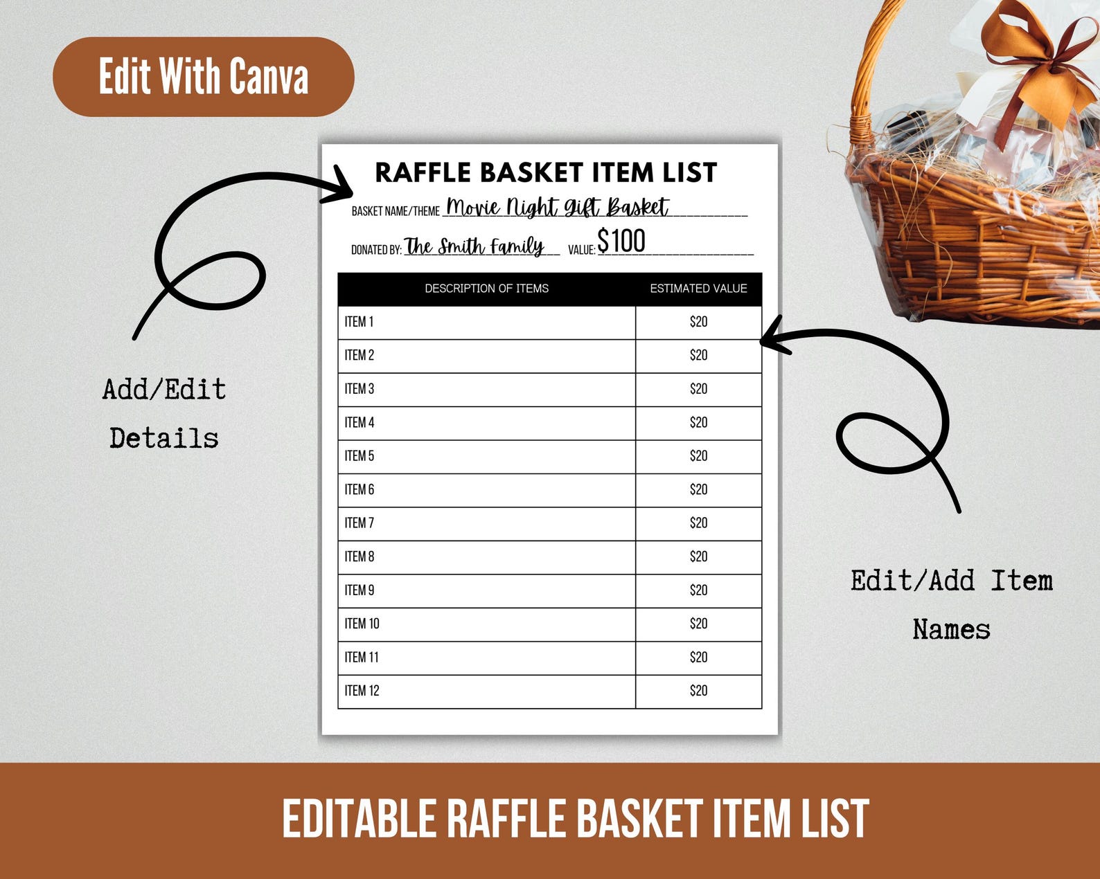 Editable Raffle Basket Item List, Raffle Basket Descriptions, Raffle ...