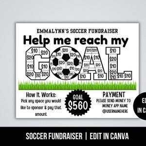 Könnte beinhalten: Eine schwarz-weiße Fußball-Fundraising-Vorlage mit dem Text "Help me reach my GOAL". Das Wort "GOAL" ist mit einem Fußball und Dollarbeträgen gestaltet. Das Ziel ist 560 $. Die Vorlage enthält Anweisungen und einen Handlungsaufruf.