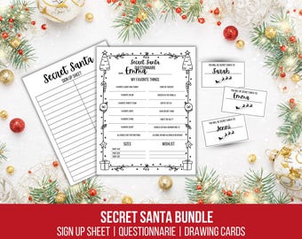 May include: A Secret Santa bundle with a sign-up sheet, questionnaire, and drawing cards. The questionnaire includes sections for favorite things and a wishlist. The drawing cards have names like Sarah, Emma, and Jenni. Festive holiday decorations surround the papers.