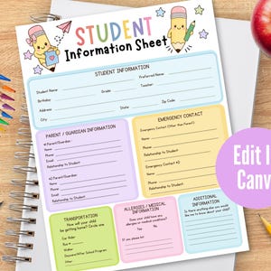 Op de afbeelding: Een studenteninformatieblad met pastelkleurige secties voor student-, ouder-, nood- en medische gegevens. De koptekst bevat cartoonpotloodfiguren en de tekst Student Information Sheet. Een paarse cirkel bevat de tekst Edit In Canva.
