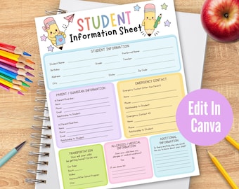 Plantilla editable de formulario de información del estudiante, hoja informativa del estudiante para el regreso a clases, contacto de emergencia, información de contacto de los padres, salida.