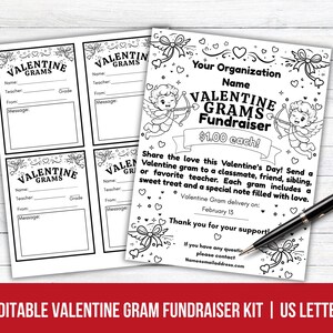 Puede incluir: Un kit de recaudación de fondos de Valentine Gram en blanco y negro con un bolígrafo. El kit incluye Valentine Grams imprimibles con espacios para nombres, mensajes y notas. El folleto tiene ilustraciones de querubines y el texto "¡$1.00 cada uno!"