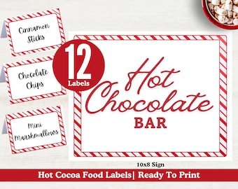 Bord met warme chocolademelk en voedseletiketten voor warme chocolademelk, kerstfeestdecoratie warme chocolademelk, tenten voor warme chocolademelkstation, voedseltenten,