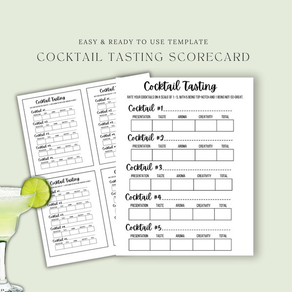 cocktail tasting scorecard, cocktail competition, cocktail tasting card, cocktail board night, drink rating sheet, cocktail party