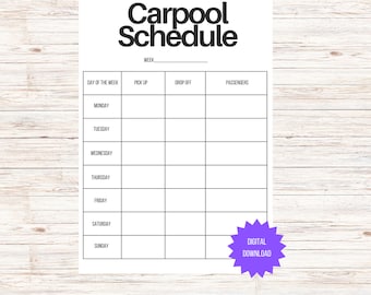 Carpool Schedule for School, Carpool Schedule for Work, Carpool Schedule, Pick up Schedule, Drop off Schedule, Coworker Carpooling, Car Pool