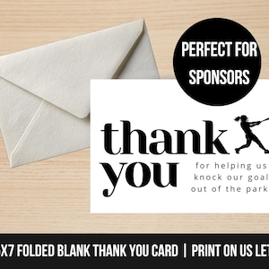 Softball Sponsor Thank you Card Printable, thank you note, Thank you card Fundraiser,  Thank you for your support, Sponsor appreciation