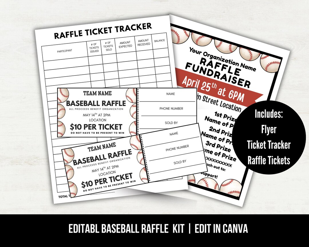 Baseball Ticker Raffle Editable Baseball Fundraiser Raffle Kit With Ticket Template, Baseball ...