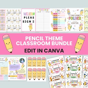May include: A digital classroom bundle featuring pencil-themed templates including a sign-in sheet, class schedule, take home folder cover, student information sheet, meet the teacher page, name tags, and monthly classroom newsletters with editable text.