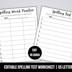以下が含まれることがあります： スペリング練習とテスト用の2つの白いワークシート。「Spelling Word Practice」ワークシートには、単語を3回ずつ書くスペースがあります。「Spelling Test」ワークシートには、7つの単語を書くスペースがあります。