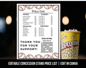 Lista de precios editable para puestos de comida de béisbol con código QR, letrero para puestos de comida de béisbol, menú para puestos de comida de béisbol, letrero de pago por escaneo