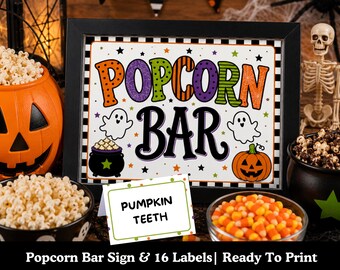 Letrero para barra de palomitas de maíz de Halloween y etiquetas para ingredientes de barra de palomitas de maíz, decoración para fiesta de aula espeluznante, estación de palomitas de maíz para noche de cine, tarjetas para buffet