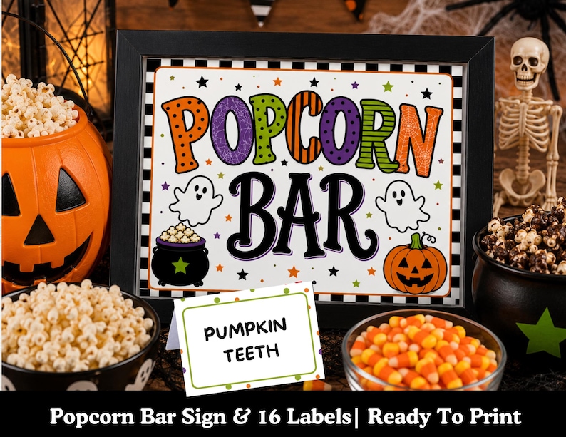 Halloween Popcorn Bar Sign and Popcorn Bar Topping Labels , Spooky ...