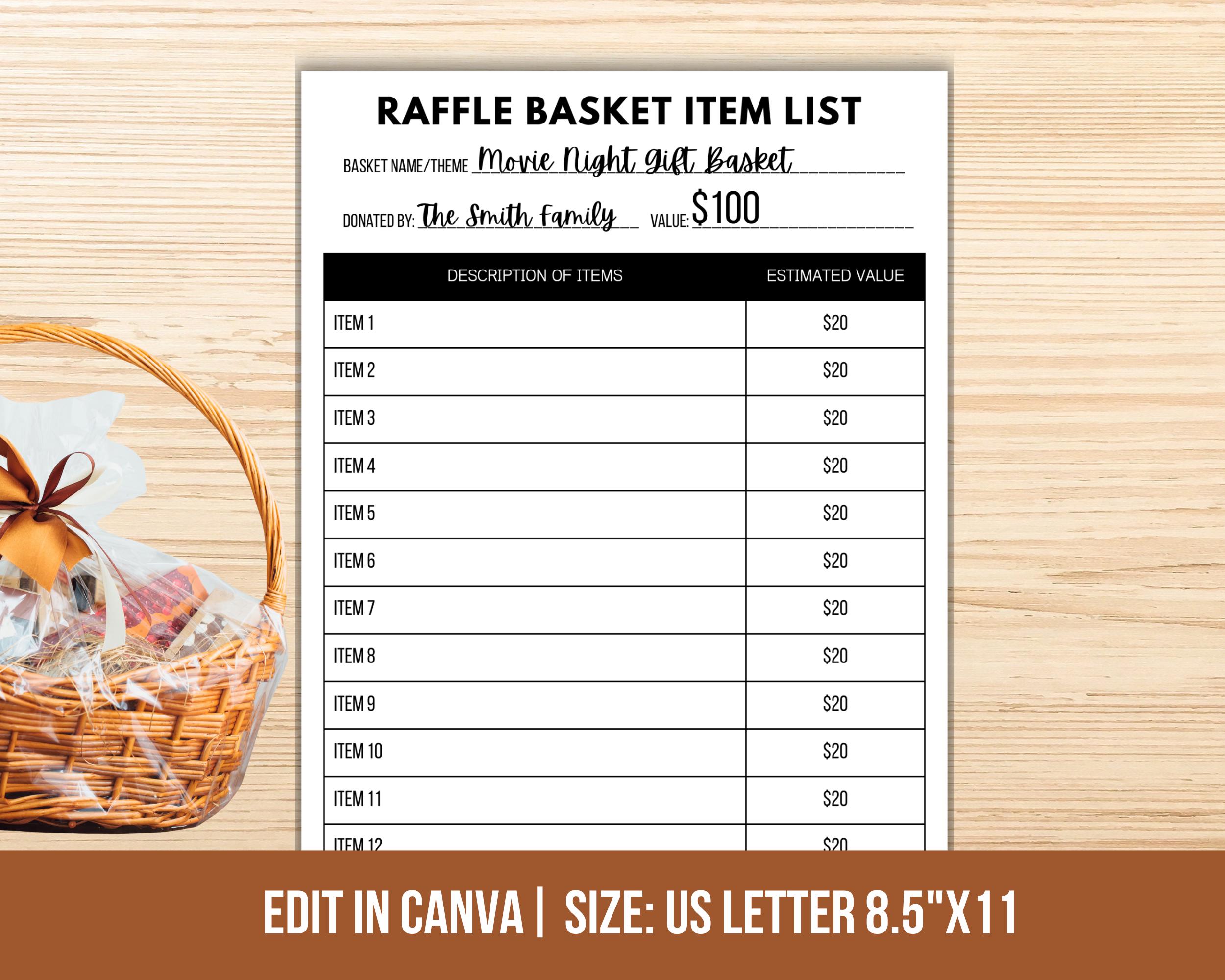 Raffle Table Layout Editable Raffle Basket Item List, Raffle Basket Descriptions, Raffle ...
