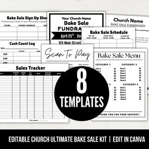 May include: A collection of eight black and white bake sale templates, including a sign-up sheet, schedule, menu, and sales tracker. The templates are designed for church fundraising events and are editable in Canva.
