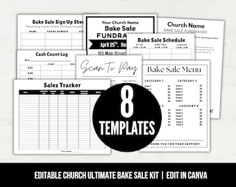 Bewerkbare Church Bake Sale Fundraiser Kit-sjabloonbundel, Bake Sale-planner, Bake Sale-flyer, Menu, Aanmeldingsblad, Missiereis jeugdgroep