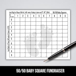 Puede incluir: Un tablero de juego blanco 50/50 Baby Squares con una cuadrícula, números y huellas de bebé. Un bolígrafo negro descansa sobre el tablero. El texto "50/50 BABY SQUARE FUNDRAISER" está en la parte inferior.