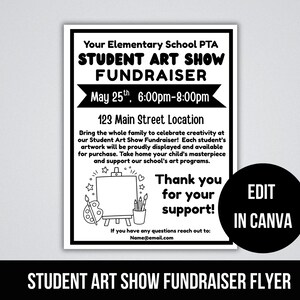 Op de afbeelding: Zwart-wit flyer voor een Student Art Show Fundraiser. De flyer bevat de evenementdetails: datum, tijd en locatie. Het bevat ook een illustratie van een ezel, een palet en potloden. De tekst luidt: "Thank you for your support!"