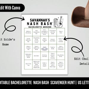 May include: A printable bachelorette party scavenger hunt game with the text "Savannah's Nash Bash Bachelorette Weekend." The game includes a list of challenges and is designed to be edited. A cowboy hat is in the upper right corner.