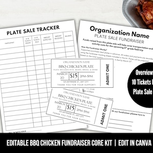 May include: A black and white printable BBQ chicken fundraiser kit. The kit includes a plate sale tracker, overview sheet, and tickets. The tickets are for $15 and include rice, beans, bread, and a drink.