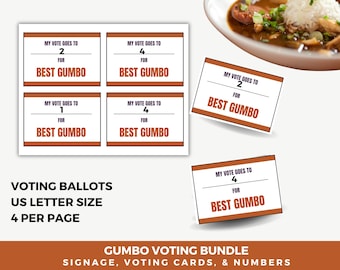 Puede incluir: Un conjunto de papeletas de votación para un concurso de gumbo. Las papeletas blancas tienen bordes marrones y dicen "MY VOTE GOES TO" y "BEST GUMBO". La imagen también incluye un cuenco de gumbo y el texto "VOTING BALLOTS US LETTER SIZE 4 PER PAGE".