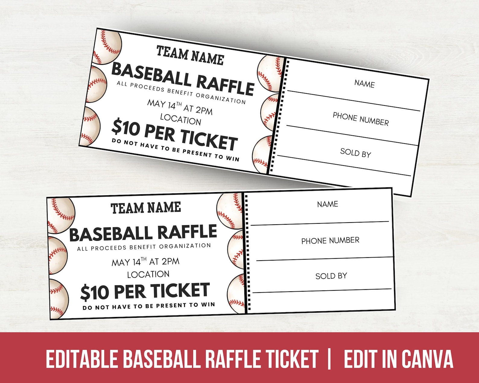 Editable Baseball Fundraiser Raffle Ticket Template, Raffle Ticket for ...