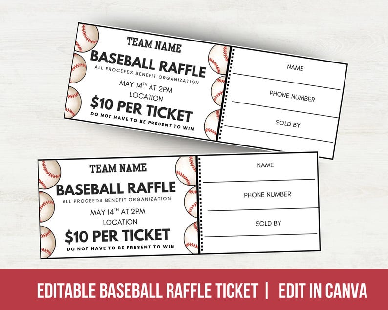 Baseball Ticker Raffle Editable Baseball Fundraiser Raffle Ticket Template, Raffle Ticket for ...