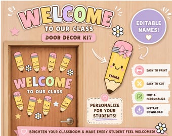 Decoración editable para la puerta del aula con temática de lápices, decoración para la puerta del profesor en agosto, jardín de infancia, bienvenidos a la puerta de nuestra clase.