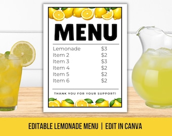 Bewerkbaar limonademenu, menubord limonadebar, prijslijst limonadekraam, limonadebord kinderlimonade, doe-het-zelf limonadekraam zomeractiviteit
