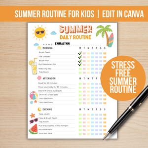 Può includere: Un grafico stampabile della routine quotidiana estiva per bambini, con un sole, una palma e una tavola da surf. Il grafico include sezioni per le attività mattutine, pomeridiane e serali, con caselle di controllo per ogni giorno della settimana. Il testo recita "Summer Routine for Kids | Edit in Canva."