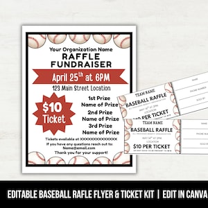 May include: A baseball raffle flyer and ticket kit. The flyer has a red banner with the text "RAFFLE FUNDRAISER" and event details. Tickets are £10 each. Two tickets are shown with spaces for name, phone number, and sold by.