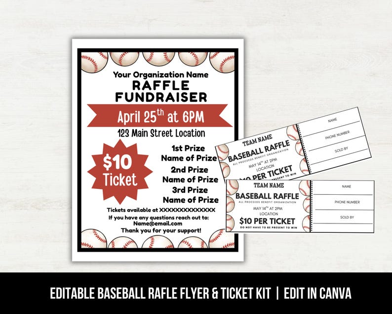 Editable Baseball Fundraiser Raffle Kit Flyer and Ticket Template ...