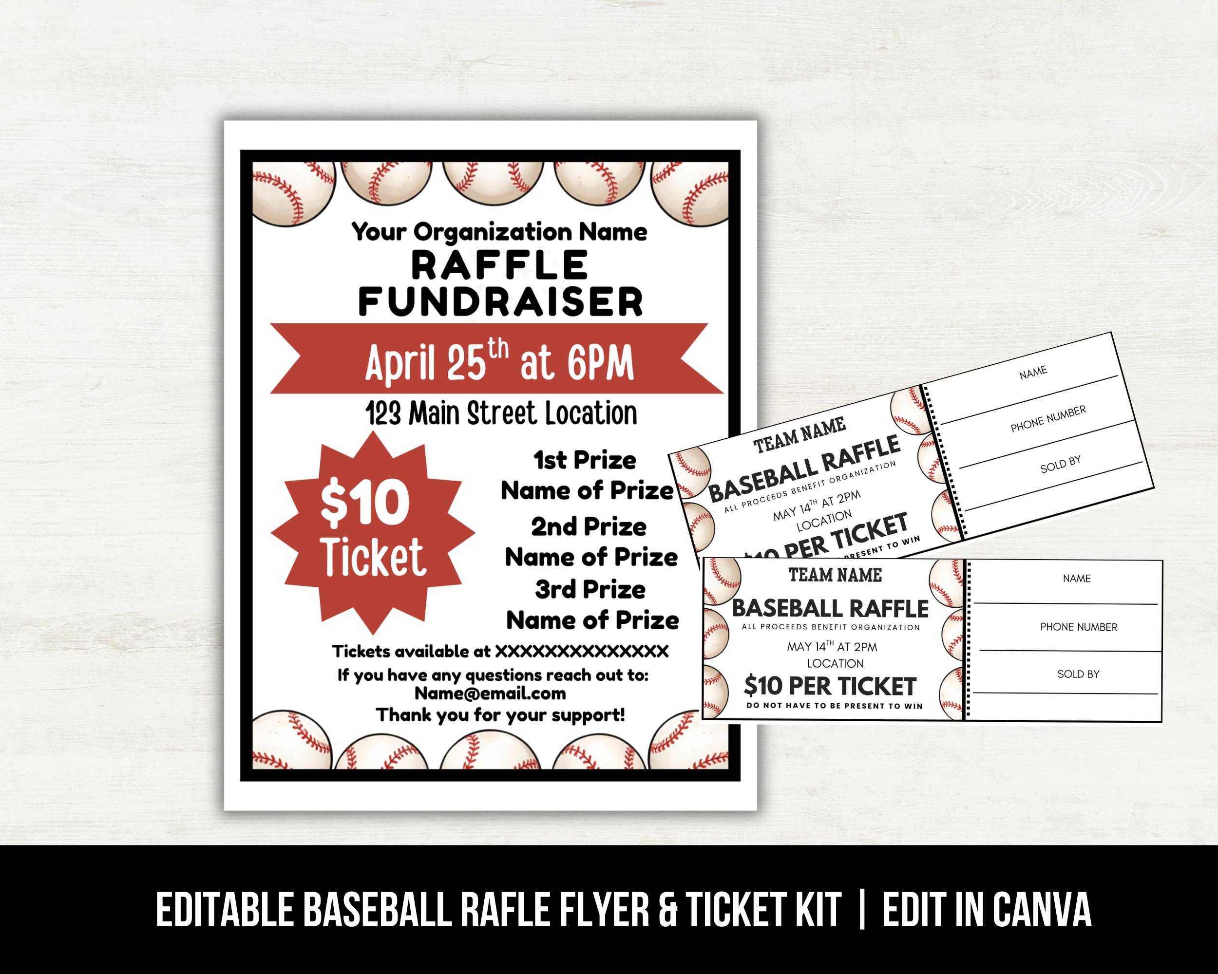 Editable Baseball Fundraiser Raffle Kit Flyer and Ticket Template ...