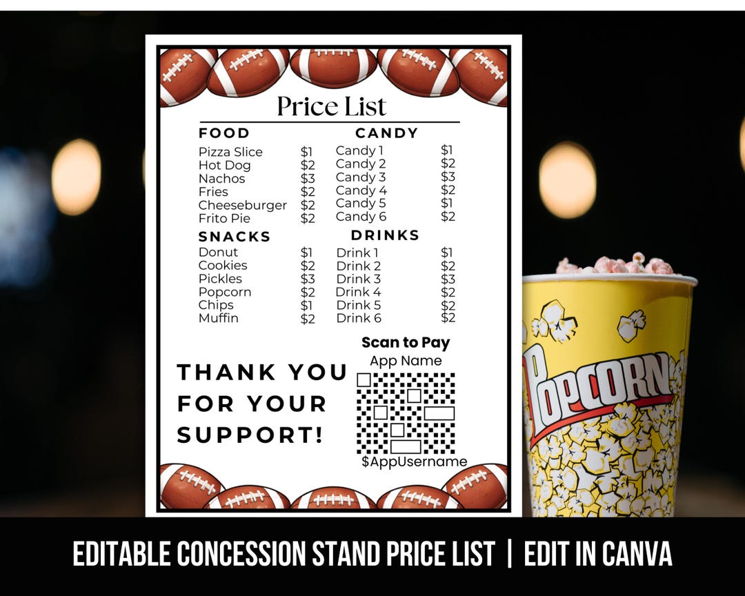 Editable Football Concession Stand Price List Menu QR Code , Football ...