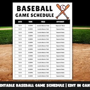 Może przedstawiać: Szablon harmonogramu meczów baseballowych z białym tłem i czarnym tekstem. Tytuł "BASEBALL GAME SCHEDULE" znajduje się na górze, z kolumnami dla daty, godziny, boiska i przeciwnika. Grafika baseballu i skrzyżowanych kijów znajduje się w prawym górnym rogu. Tekst na dole brzmi "EDITABLE BASEBALL GAME SCHEDULE | EDIT IN CANVA".